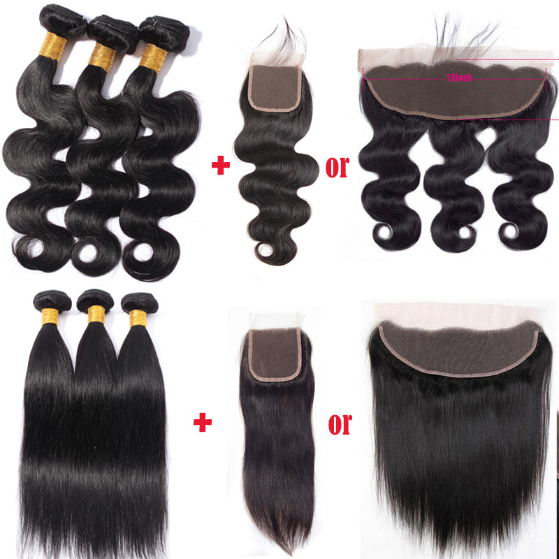 8A Straight Virgin Human Hair Weave 3Bundles with 4×4 Lace Frontal Closure 28 30