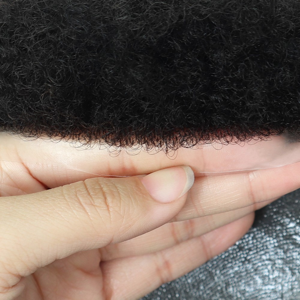 Toupee for Men Human Hair System Full Afro Skin PU Black Hair Replacement #1B