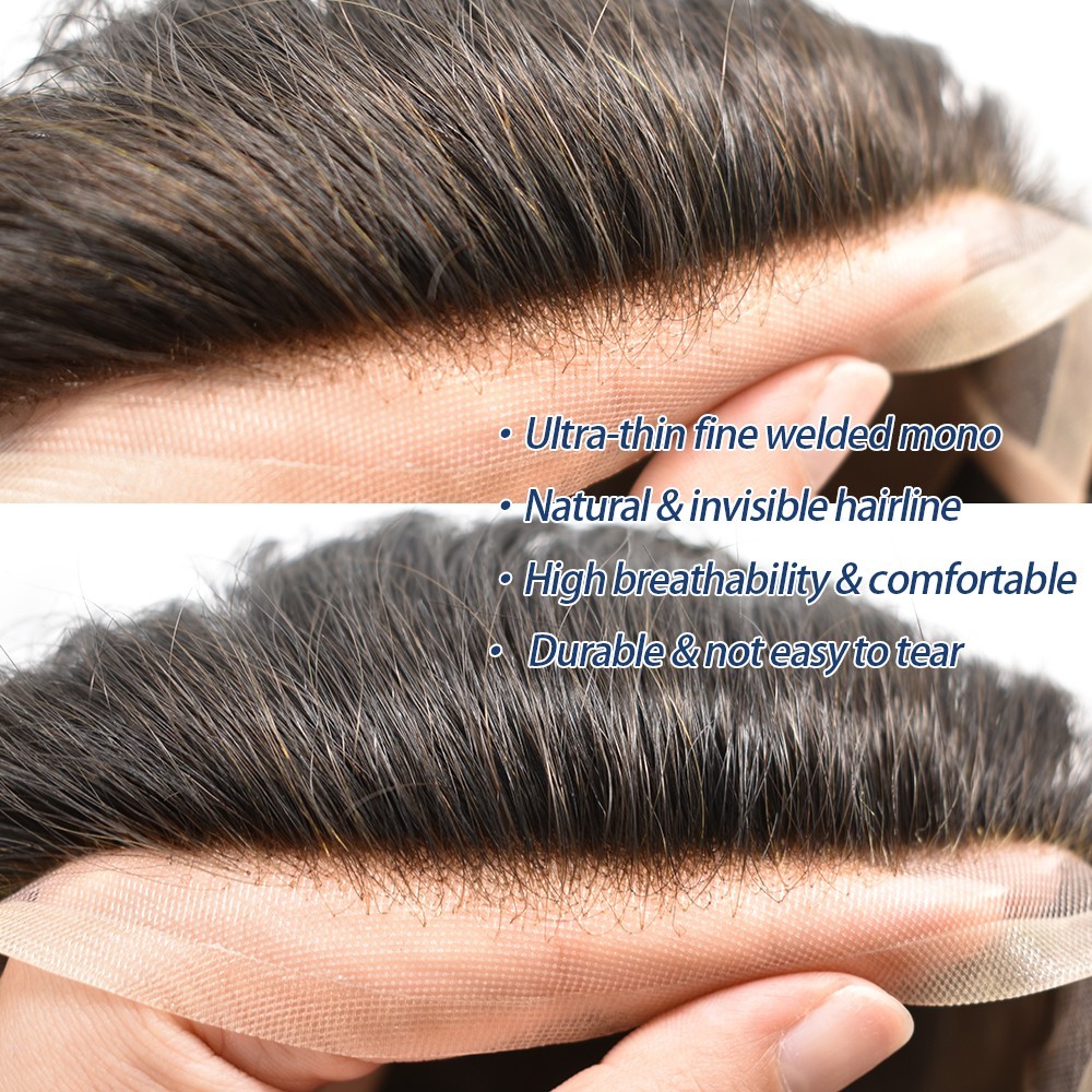 Welded Lace Front Mens Toupee Fine Mono Poly NPU Around Hair Replacement System