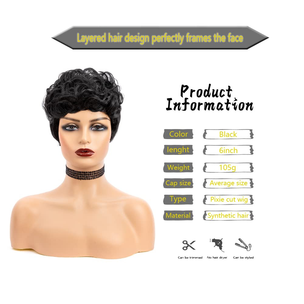 Natural Black Pixie Cut Wig for Black Women Synthetic Pixie Wigs Curly…