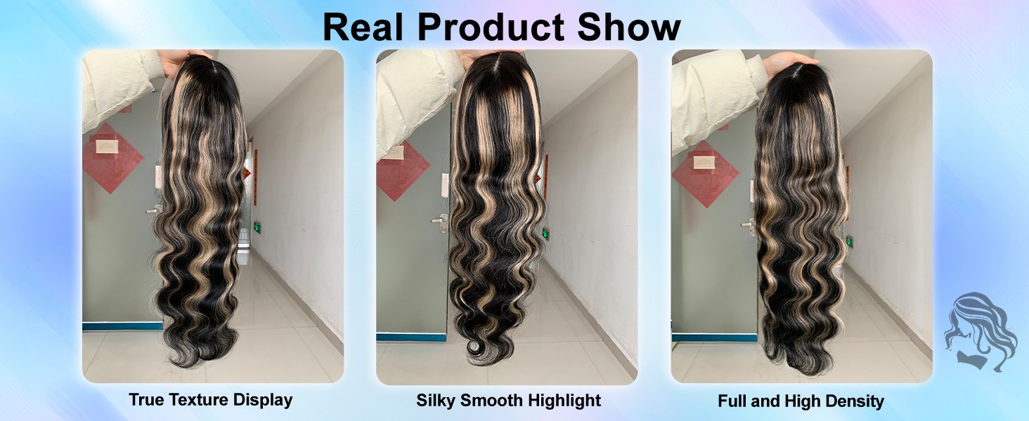 26″ Brazil Human Hair Wig Black+Blonde Highlight Body Wave 13×6 Lace Front 1B/27