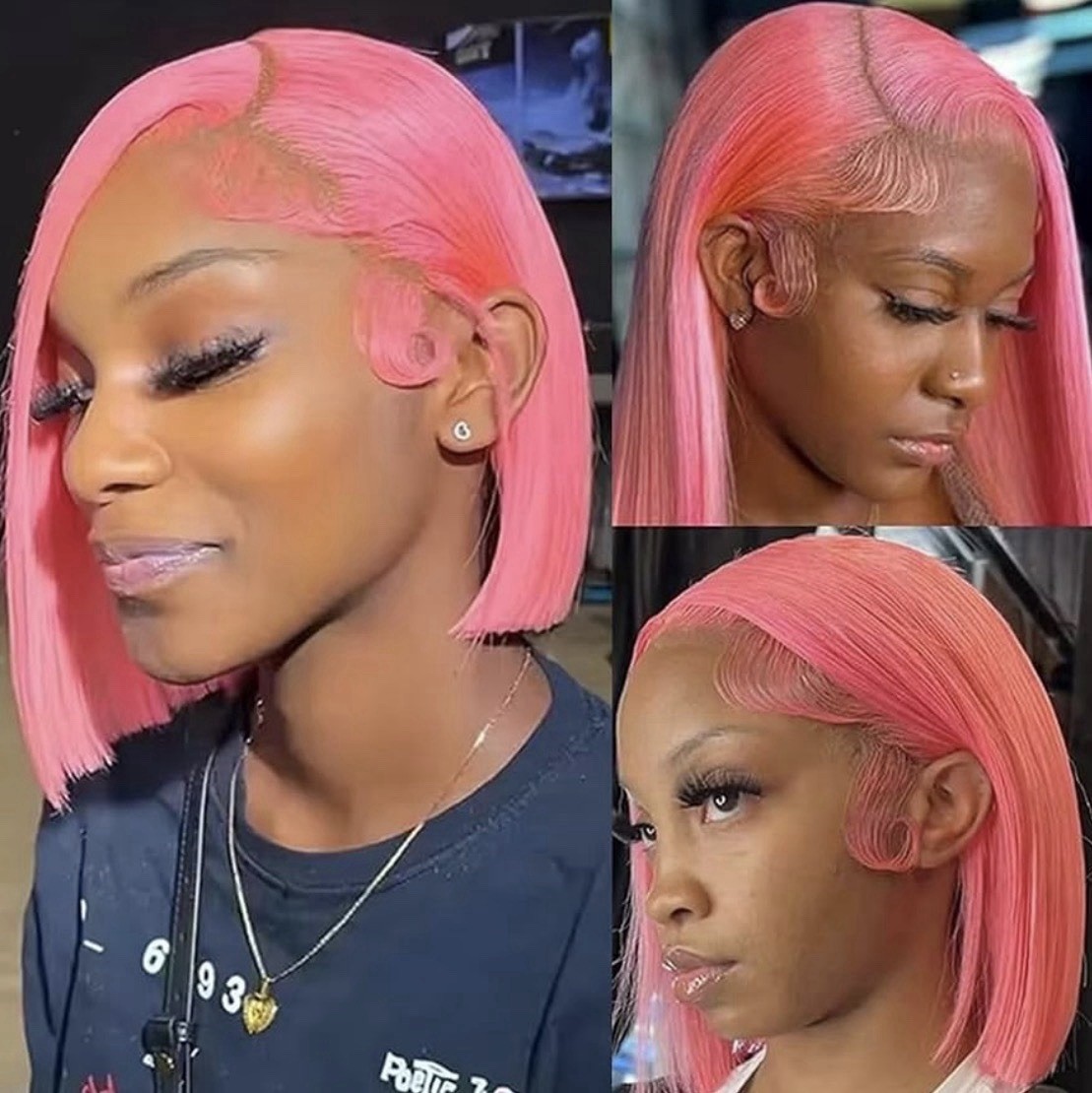 Pink Bob 10 inch Wig Human Hair 13X4 HD Transparent Lace Front 180 Density.