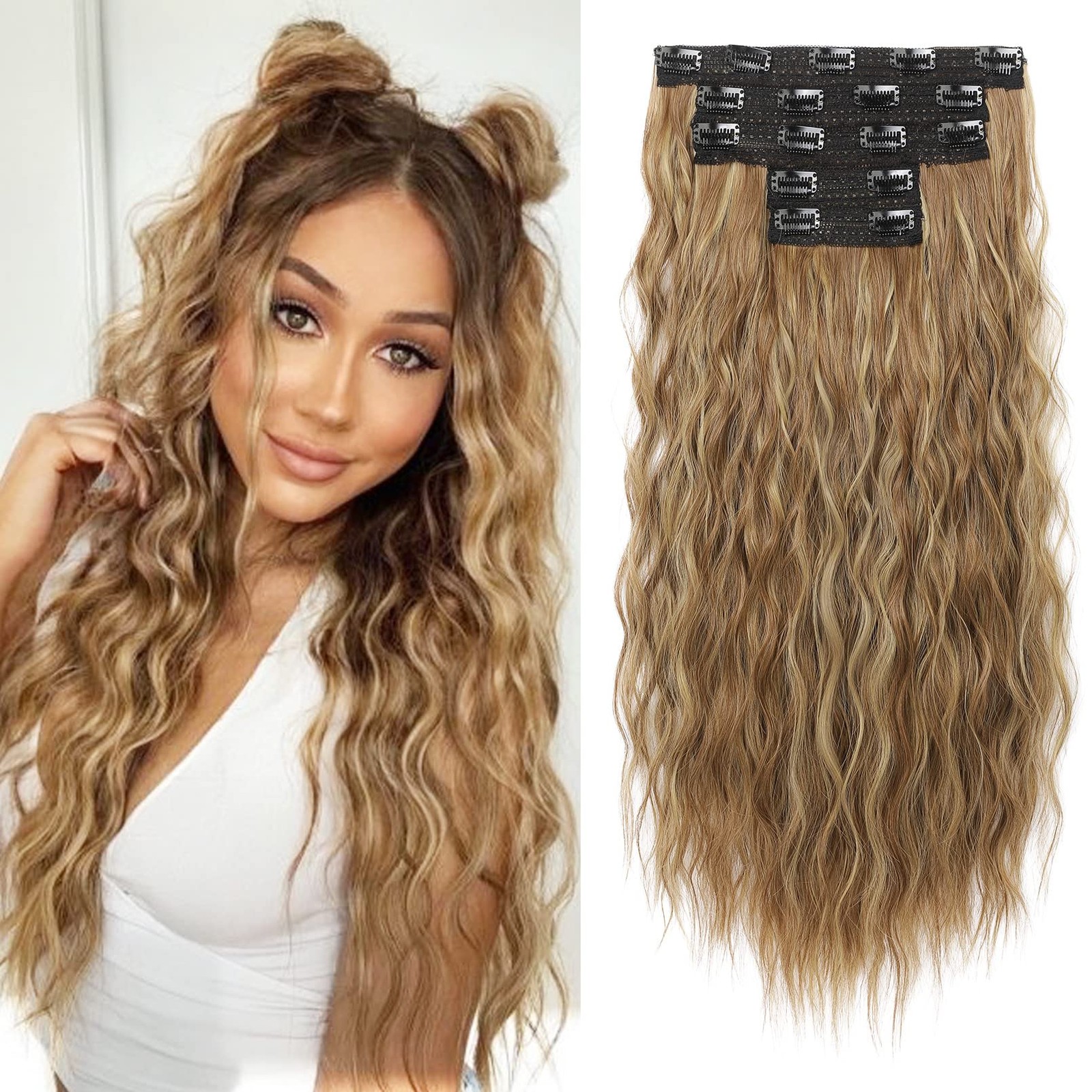 Clip in Hair Extensions, 5PCS Brown Hair Extensions 24″ Thick Long Loose Wave…