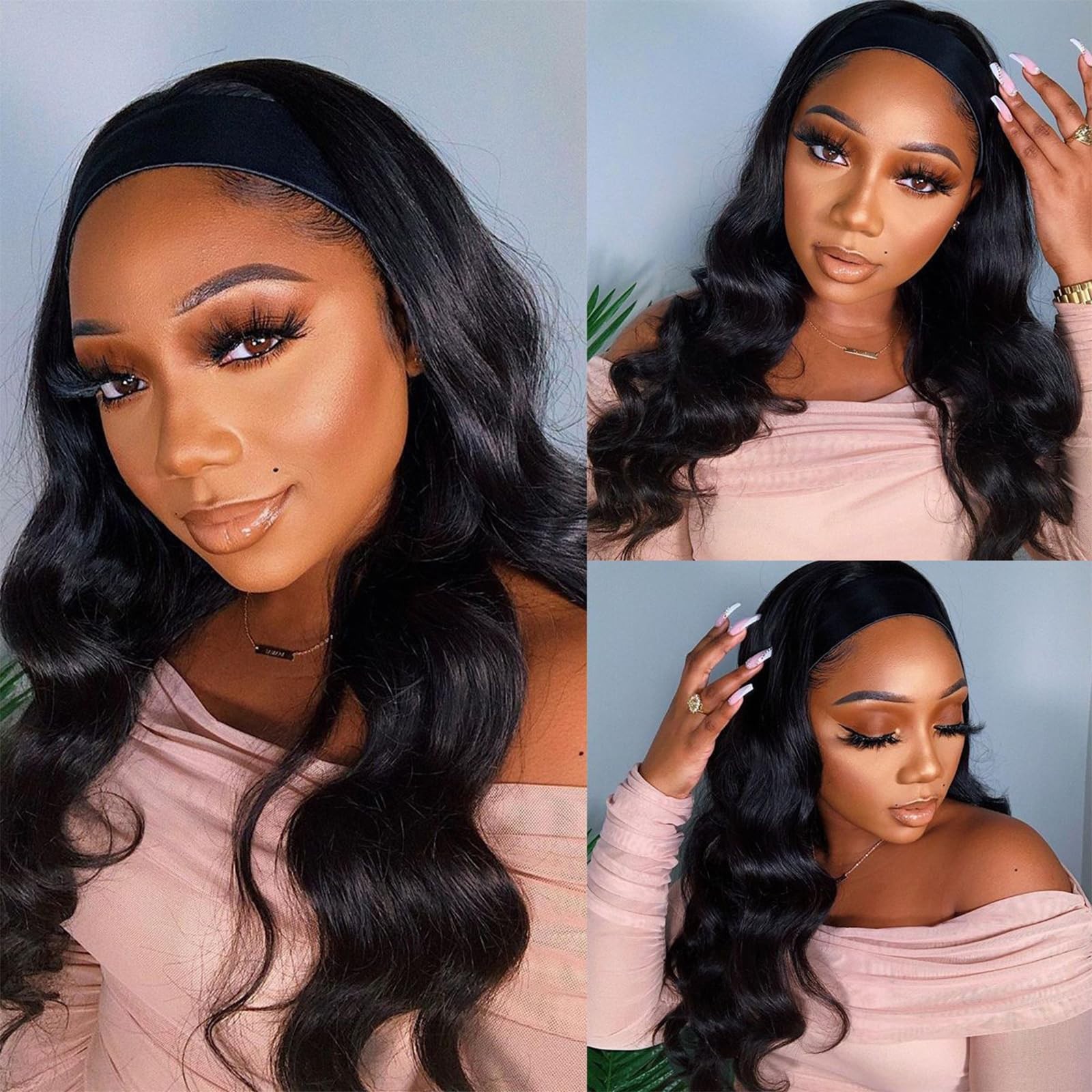 Black HeadBand Wigs for Women Long Wavy Headband Wigs 24inch