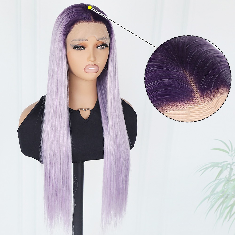 Ombre Purple Long Straight Hair Glueless Lace Front Wigs Free Part Women Party
