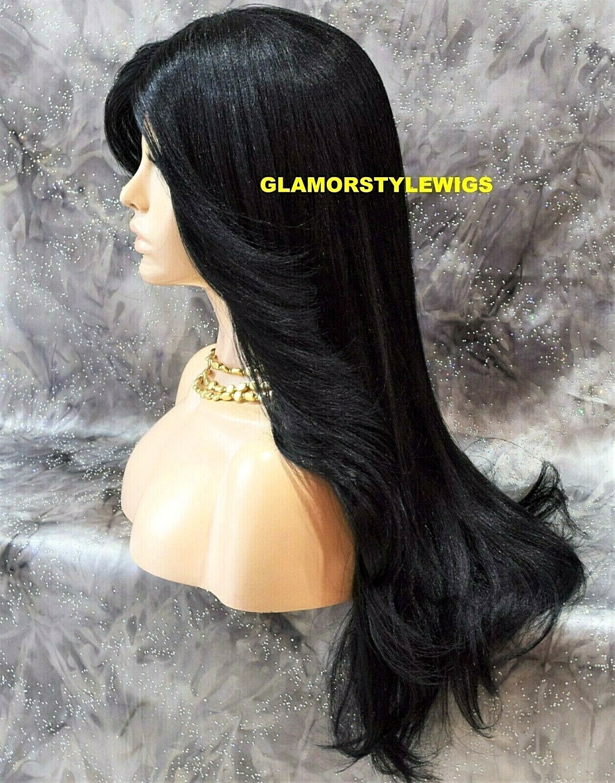 FREE PART LACE FRONT FULL WIG LONG LAYERED STRAIGHT JET BLACK #1 HEAT OK NWT