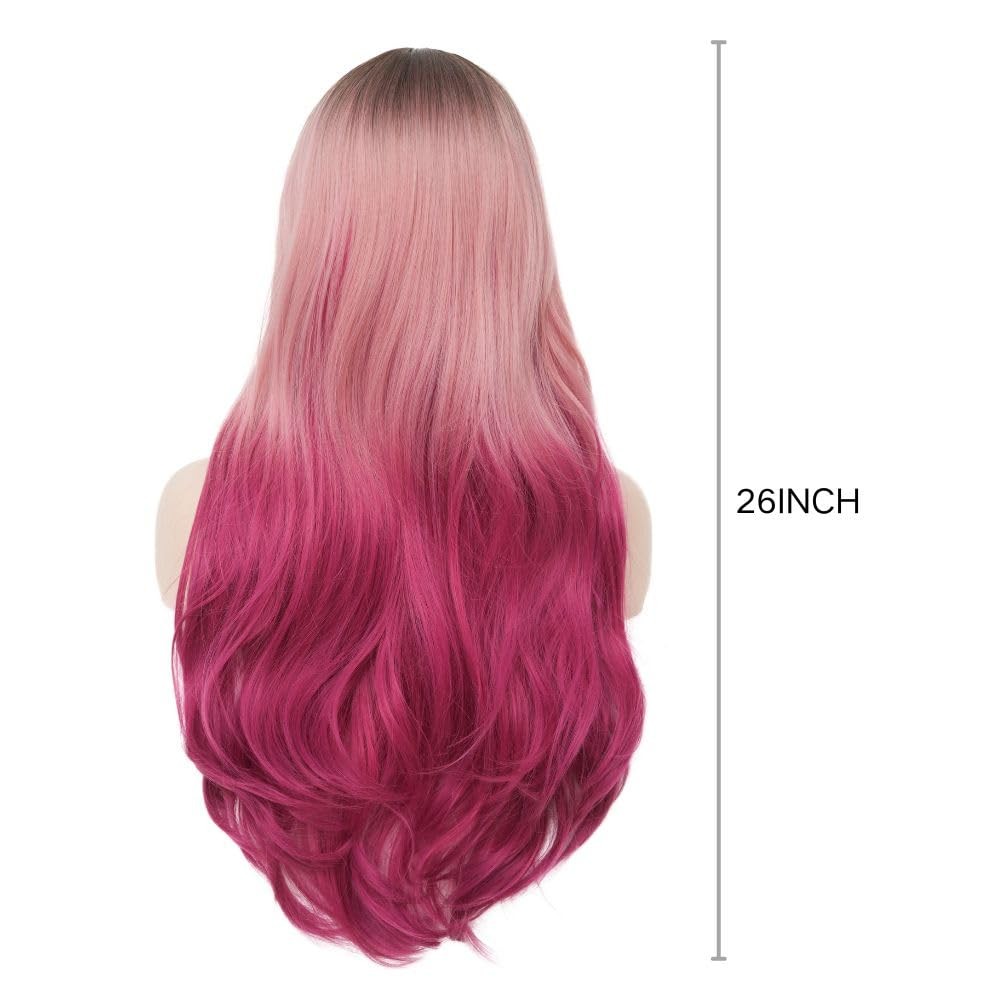 Ombre Pink Long Wig with Bangs Dark Root Curly Wavy Wigs Synthetic Heat Resis…