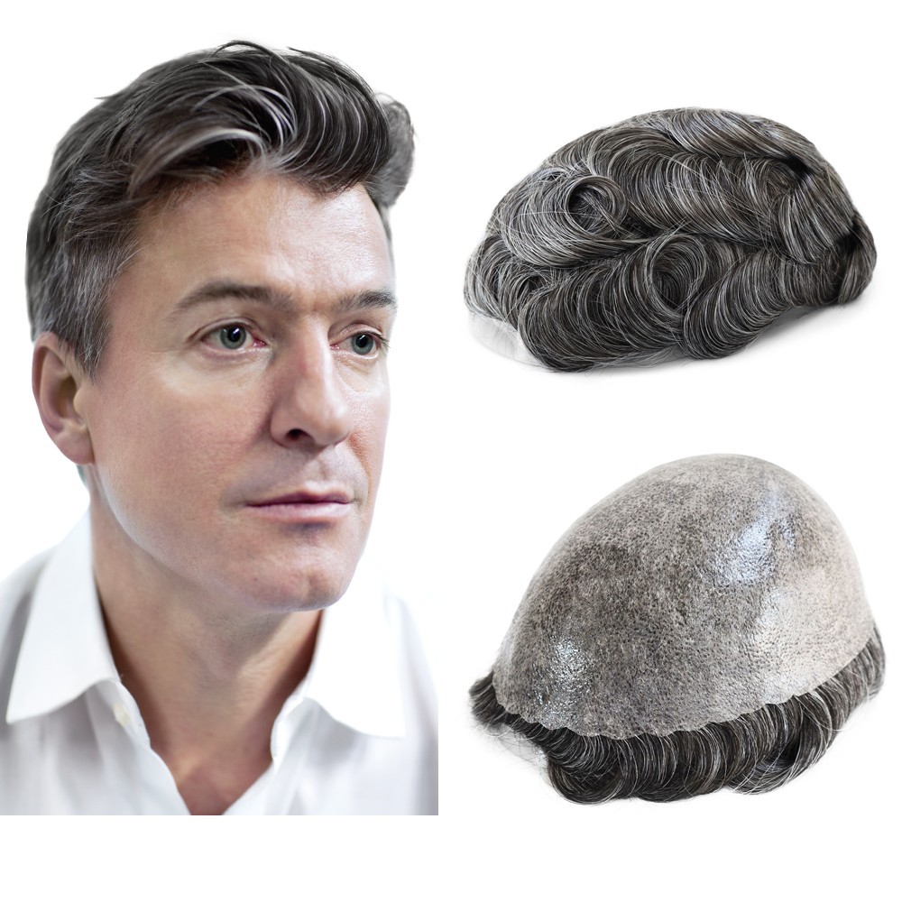 Toupee for Mens Human Hair Replecement System Injection Skin Grey Gent Hairpiece