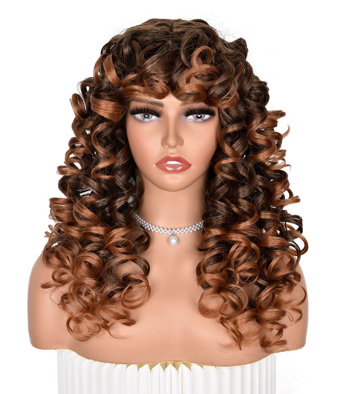 Ombre Brown Curly Wigs for Black Women Long Curly Afro Wig with Bangs for Wom…
