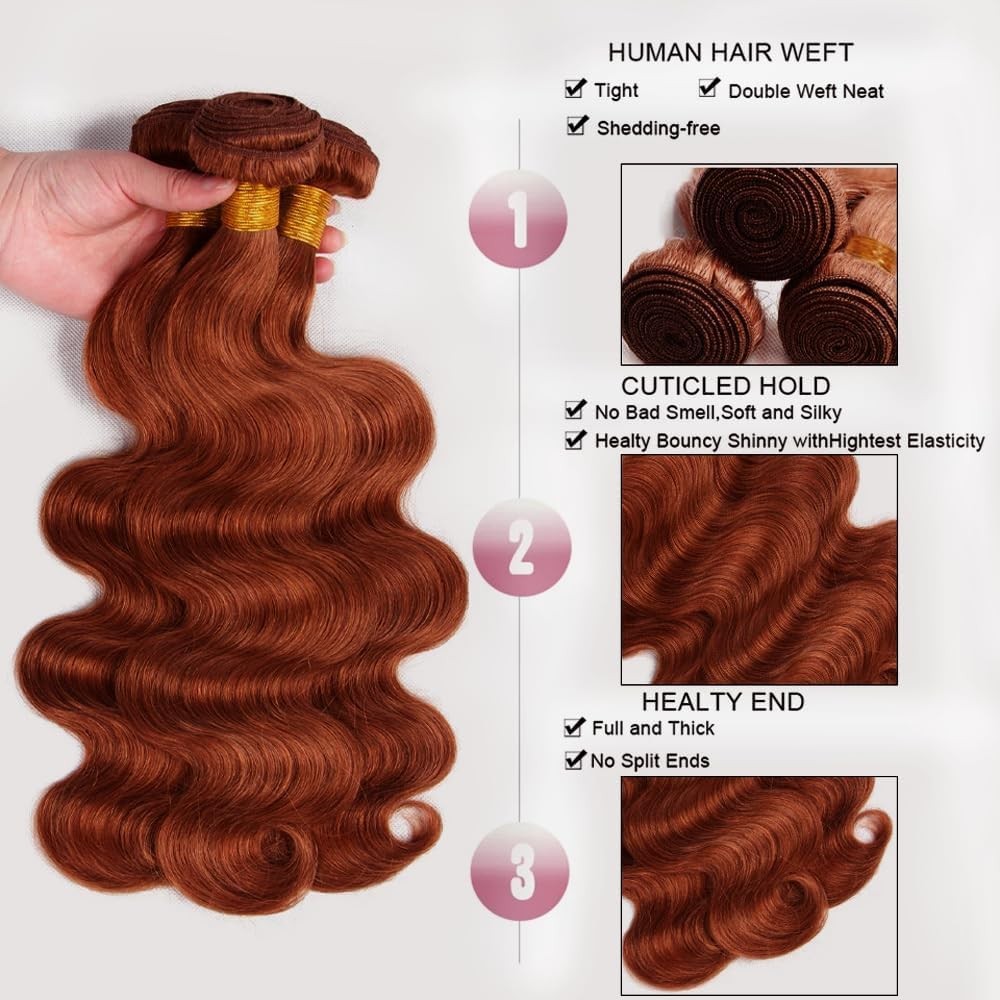 Human Hair Bundles Body Wave Reddish Brown 18 20 22 Inch 3pcs Weave