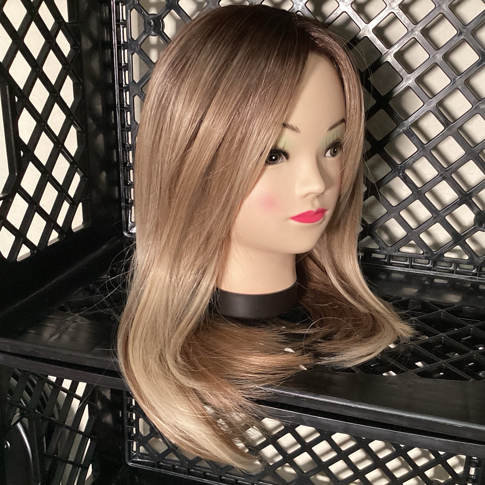 Ash Blond Wig 16” With Bangs Ombré Gradient Dark Roots Rooted Middle Part
