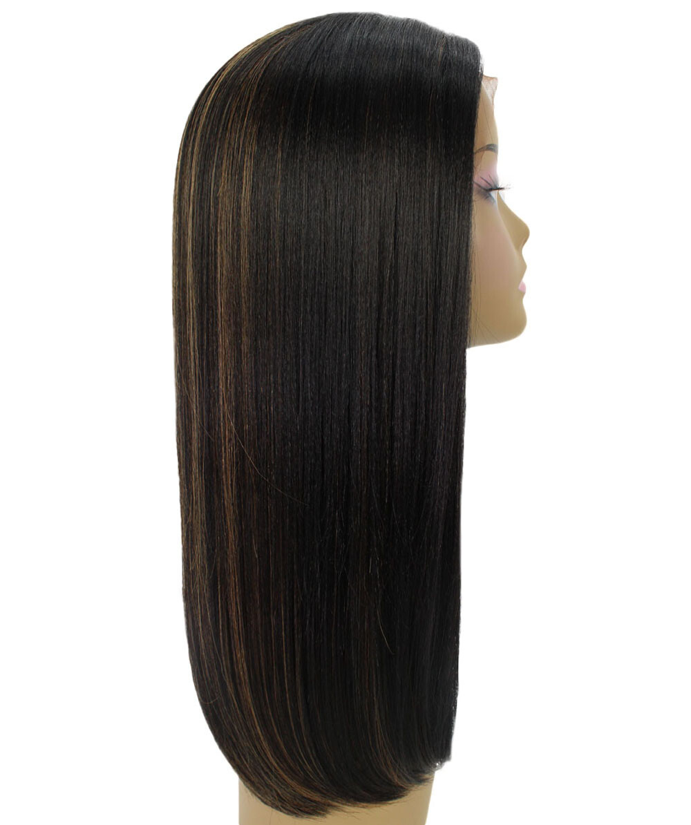 Ami Straight 17″ Long 4X4 Women’s Lace Front Wig, Black with Golden Highlights