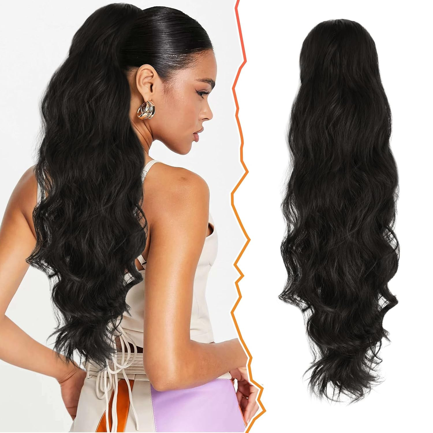 Black Wavy Drawstring Ponytail Extension – 26 Inch Long Wavy Drawstring Ponytail
