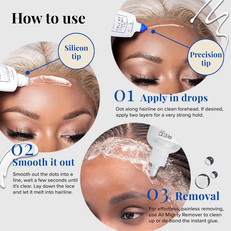 All Mighty Bond Lace Front Wig Glue, Dual Tip Applicator, Instant Drying, Water