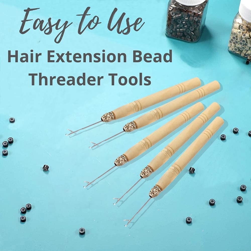 5 Wooden Hair Extensions Loop Needle Threader Wire Pulling Hook Tool for