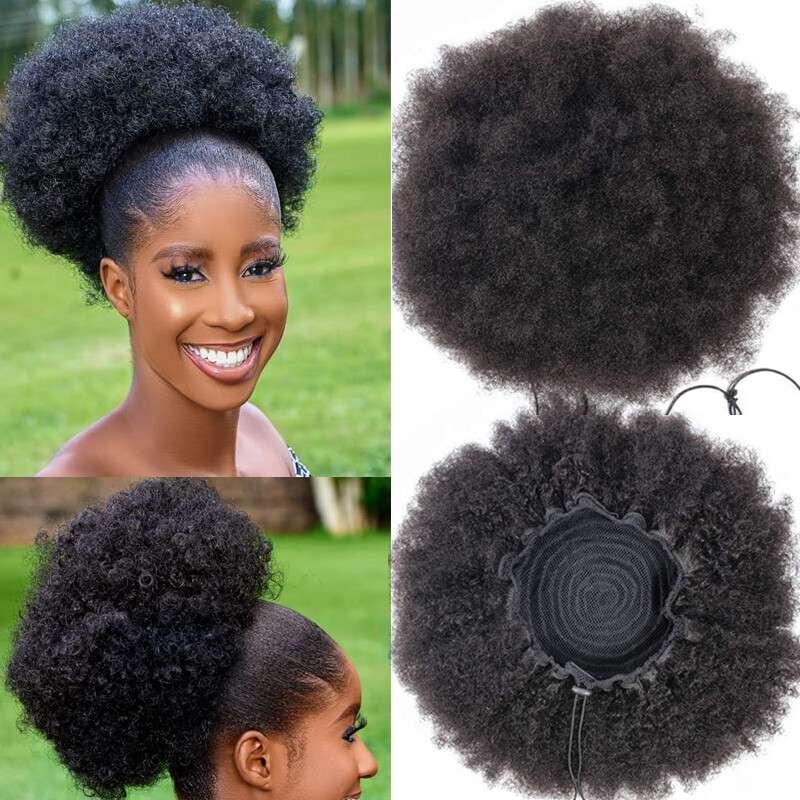Extra Large Afro Kinky Curly Puff Bun Clip in Human Hair Extensions Ponytail US