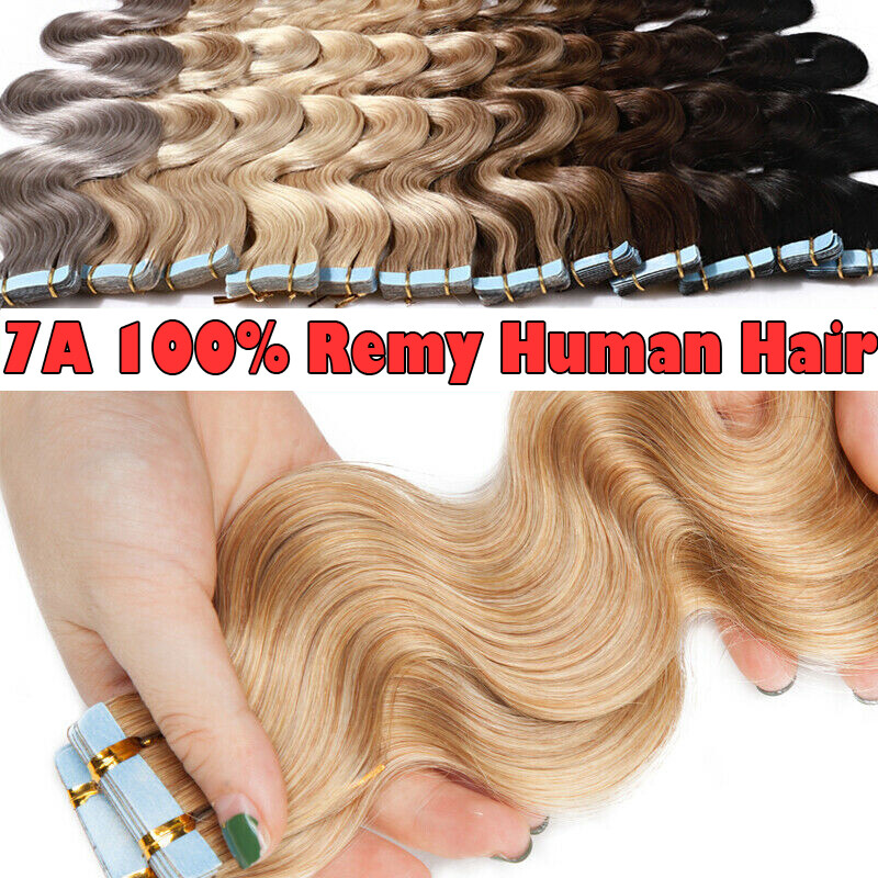 Curly Russian Remy Human Hair Tape In Extensions Skin Weft Body Wave Straight