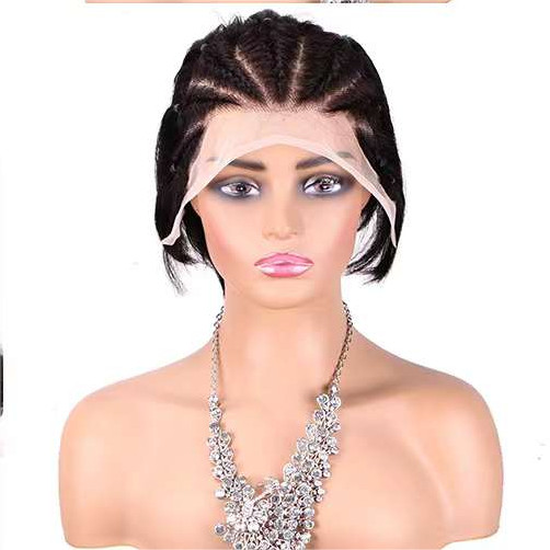 Women Afro 6 Inch Black Short Straight 13×6 Lace Front Braid 100% Human Hair Wig