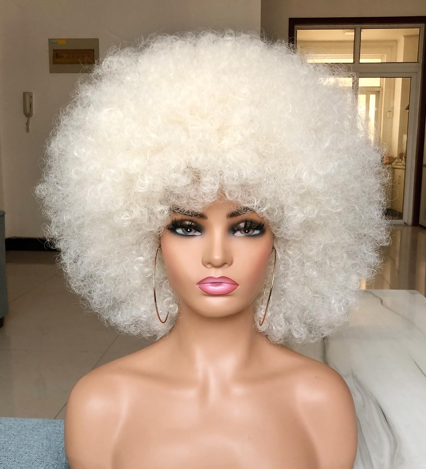 HIHOO Short Afro Kinky Curly Wig w/ Bangs for Black Women 70s Premium Quality
