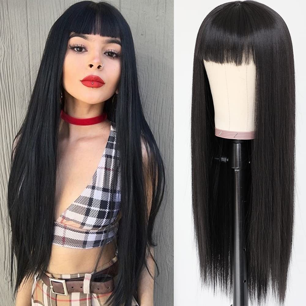 Synthetic Hair Wig 24 Inch Black Straight No Lace Full Bangs Youthful Style