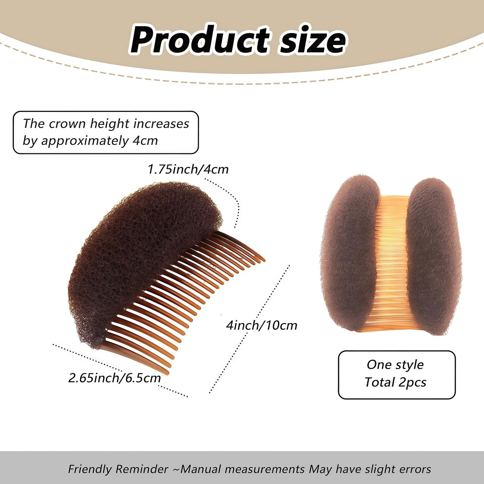 2Pcs Bump It Up Volume Hair Base Inserts 10.5cm x 6.5cm/4” x 2.6”, Brown