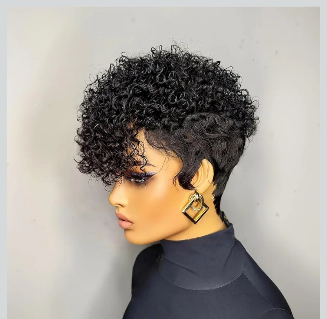 Women’s Short Black Curly Pixie Synthetic Wig, One Size, Adjustable Strap