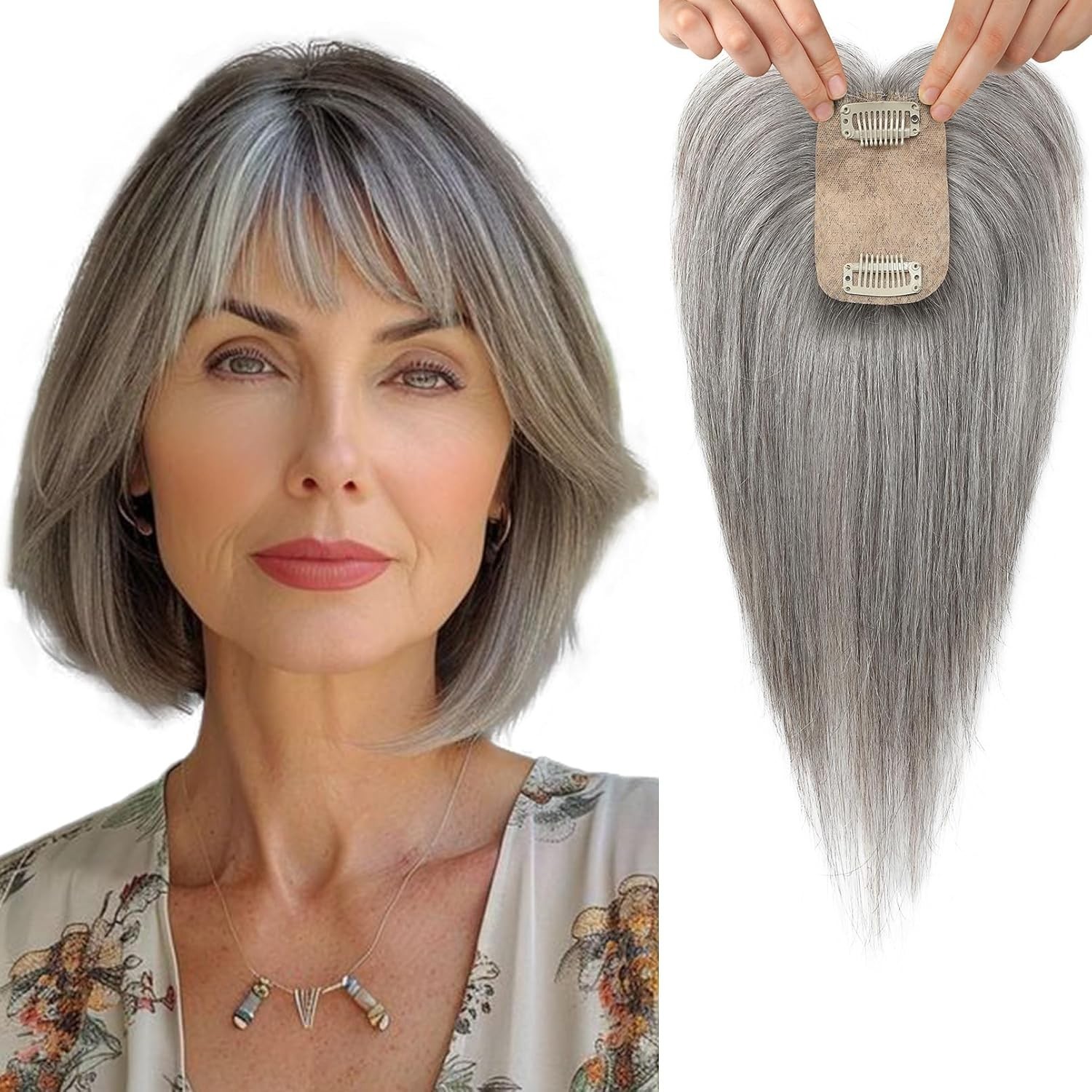 Light Gray Black Shade Side Bangs 100% Human Hair 10in Hair Topper