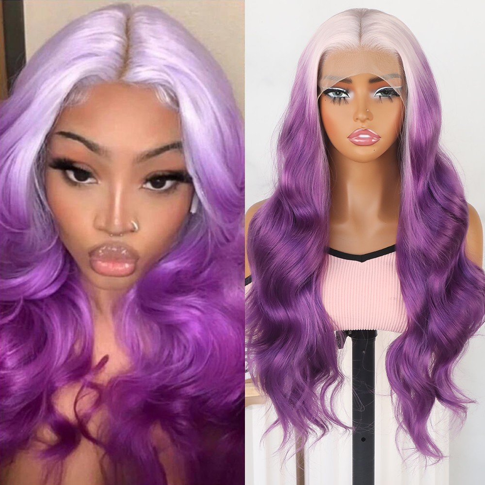Body Wave Lace Front Wigs Ice Pink Ombre Purple Hair Long Wavy Heat Safe Natural