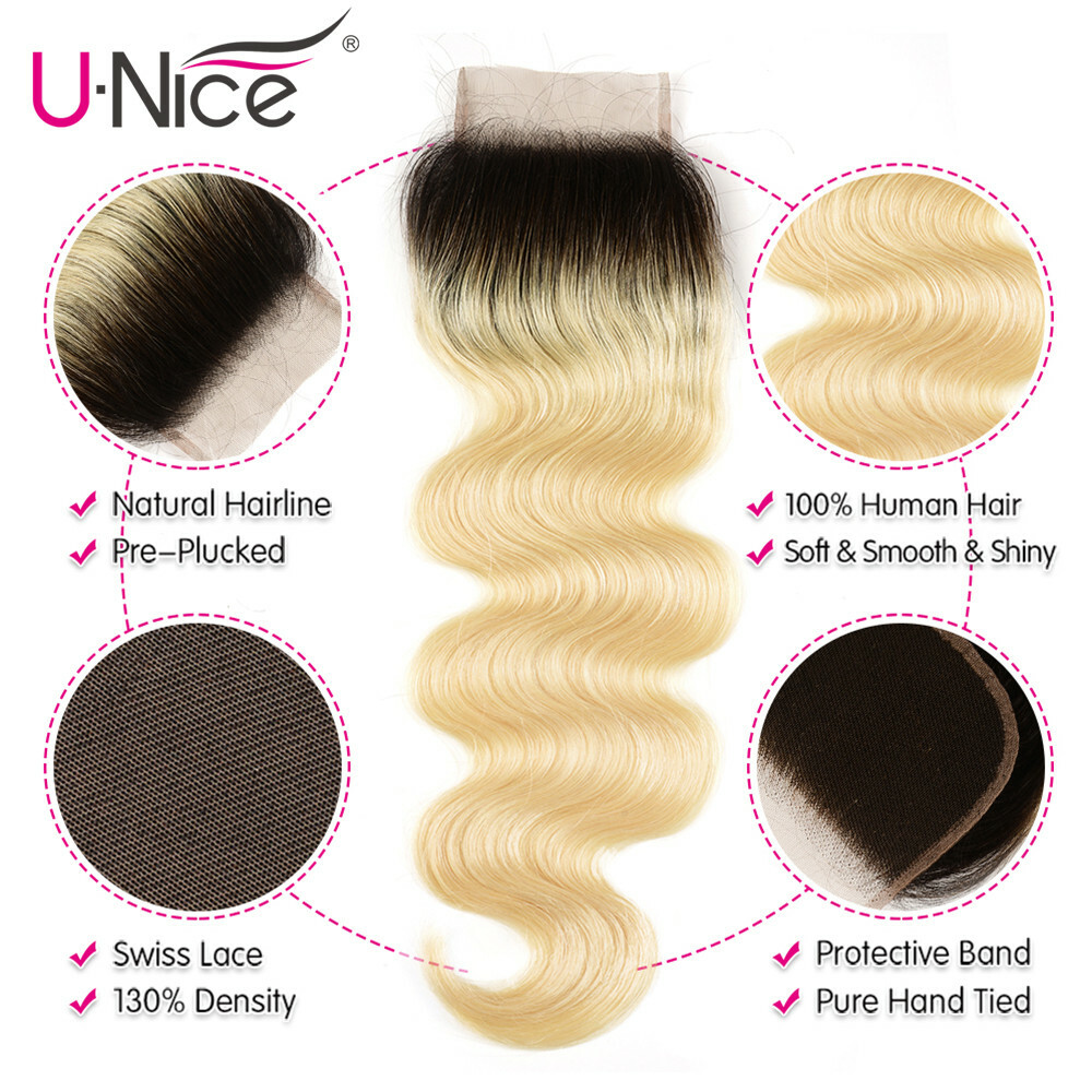 UNice Malaysian Ombre Blonde Body Wave Human Hair Weave Bundle With Lace Closure