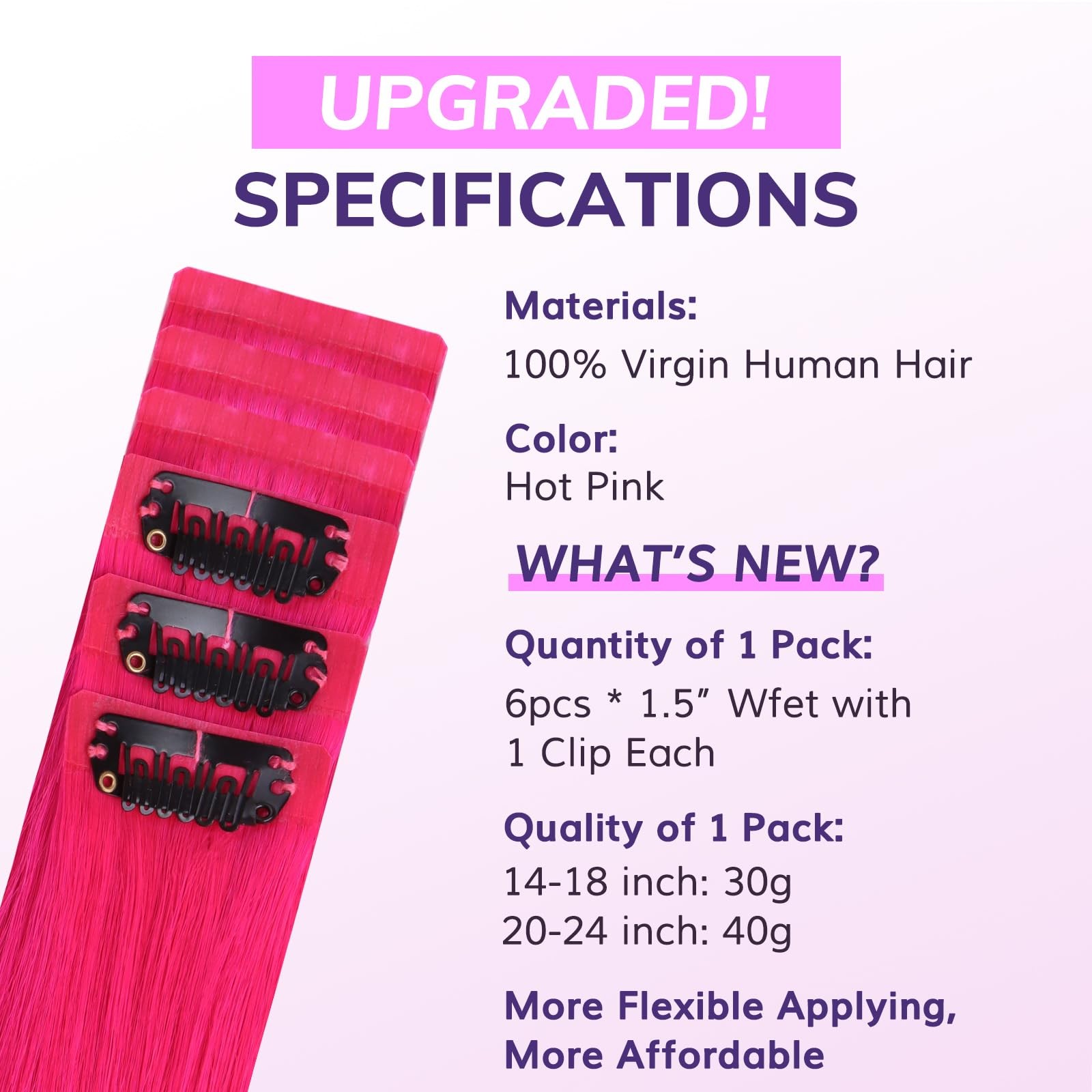 IDN BEAUTY Hot Pink Seamless Clip In Human Hair Extensions 24 Inch 40g
