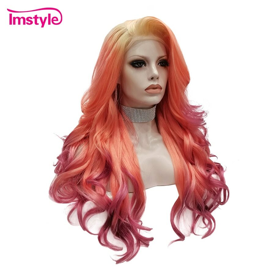 Ombre Orange Red Wigs Women Synthetic Lace Front Wig Heat Fiber Glueless Long