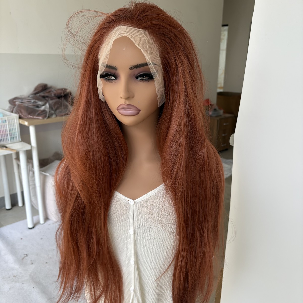 Lace Front Wigs Long Straight Heat Resistant Hair Natural Copper Red Women