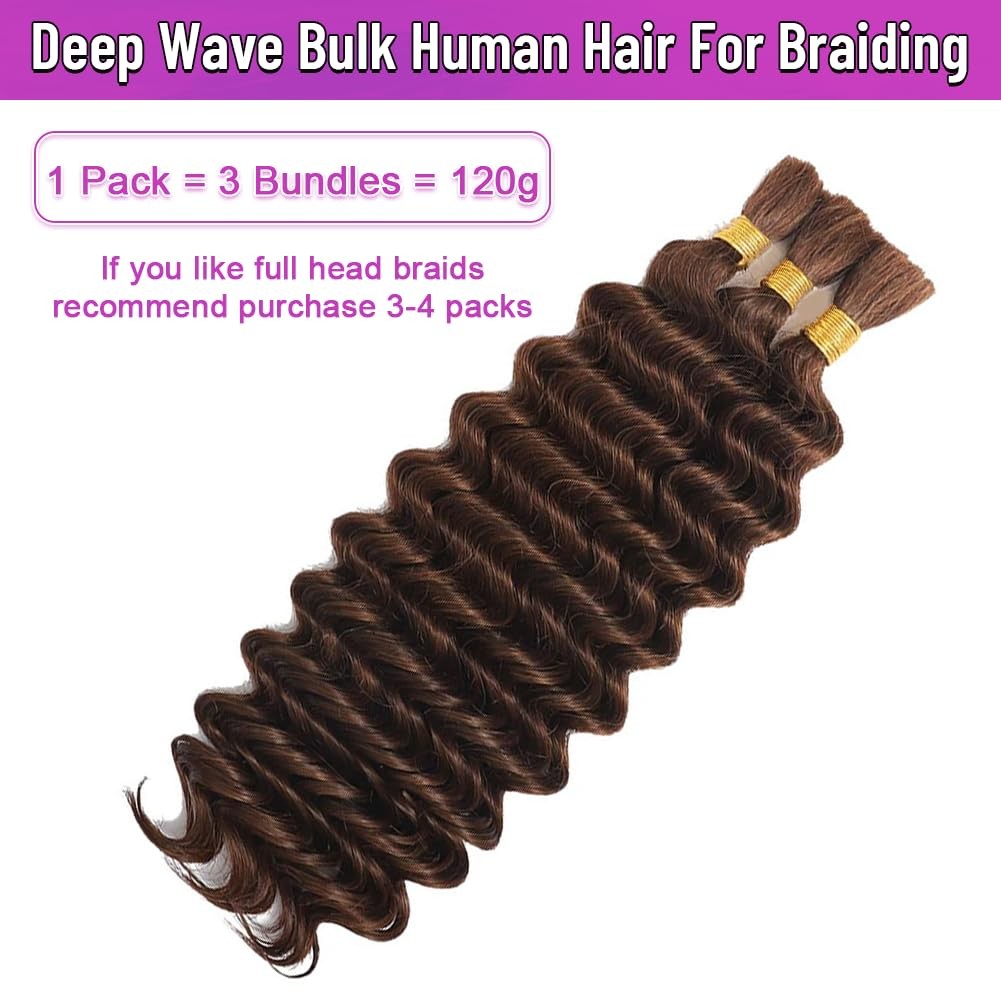 100% Human Boho Braiding Hair Deep Wave Bulk No Weft 18″ #4 Brown 3 Bundles