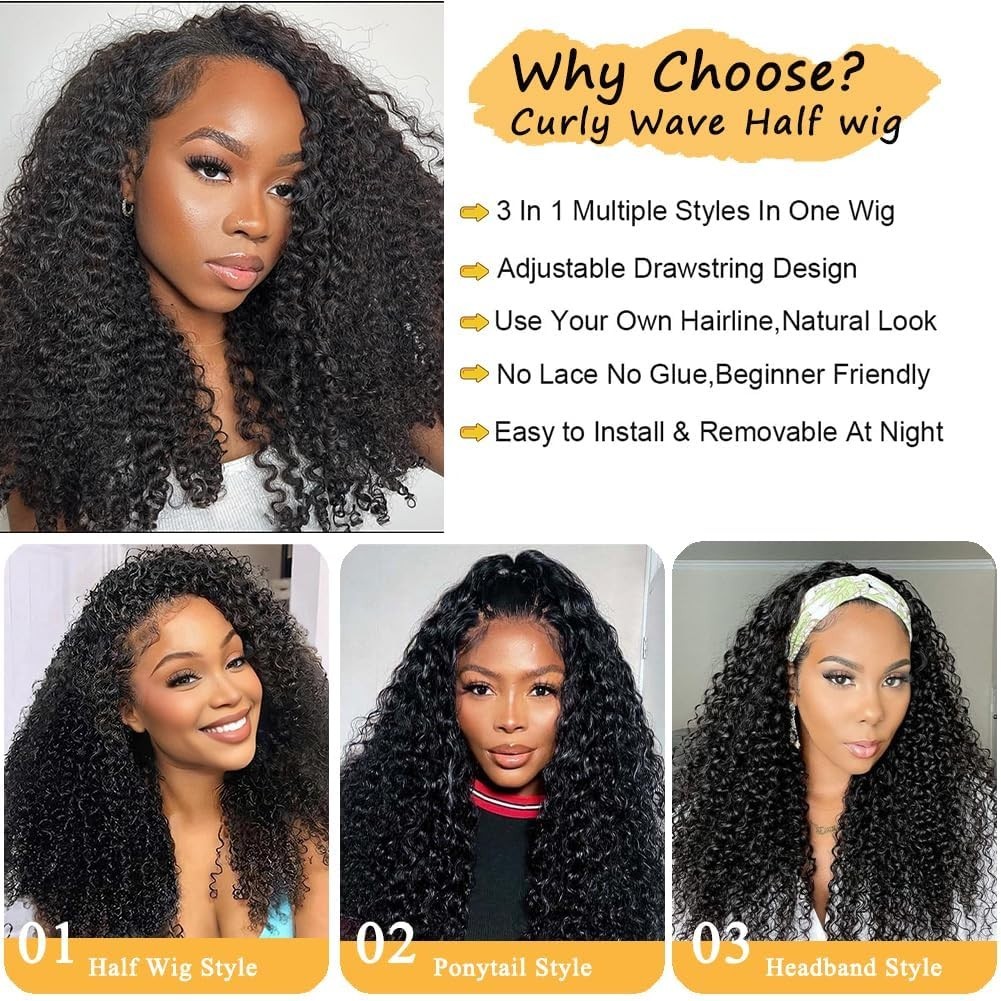 20″ Kinky Curly Half Wig – 200% Density, Glueless, Drawstring, Seamless Headband