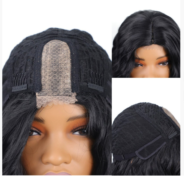 Medium Wavy Middle Part Black Synthetic Hair Capless Wigs Women Natural Daily