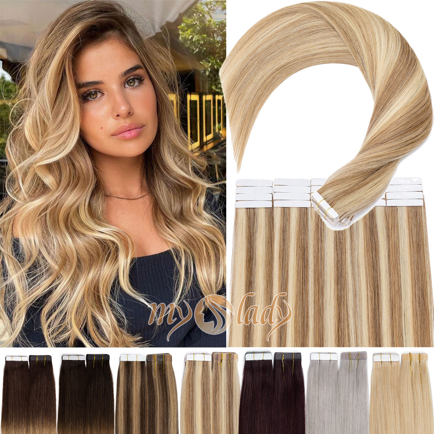 12″-24″ Tape in Hair Extensions Remy Human Hair100G Full Head Straight Highlight