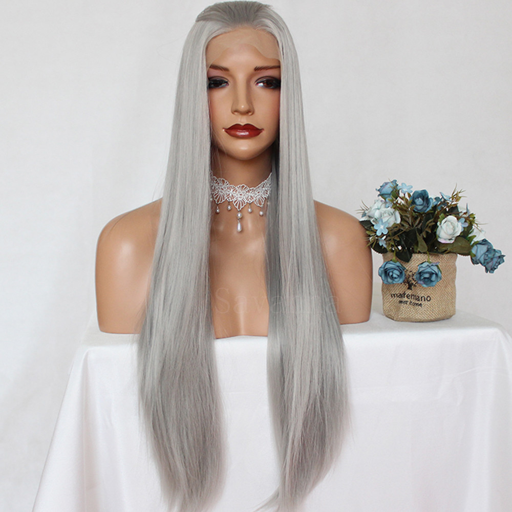Gray Lace Front Wig Long Silky Straight Heat Resistant Synthetic Hair Women Wigs