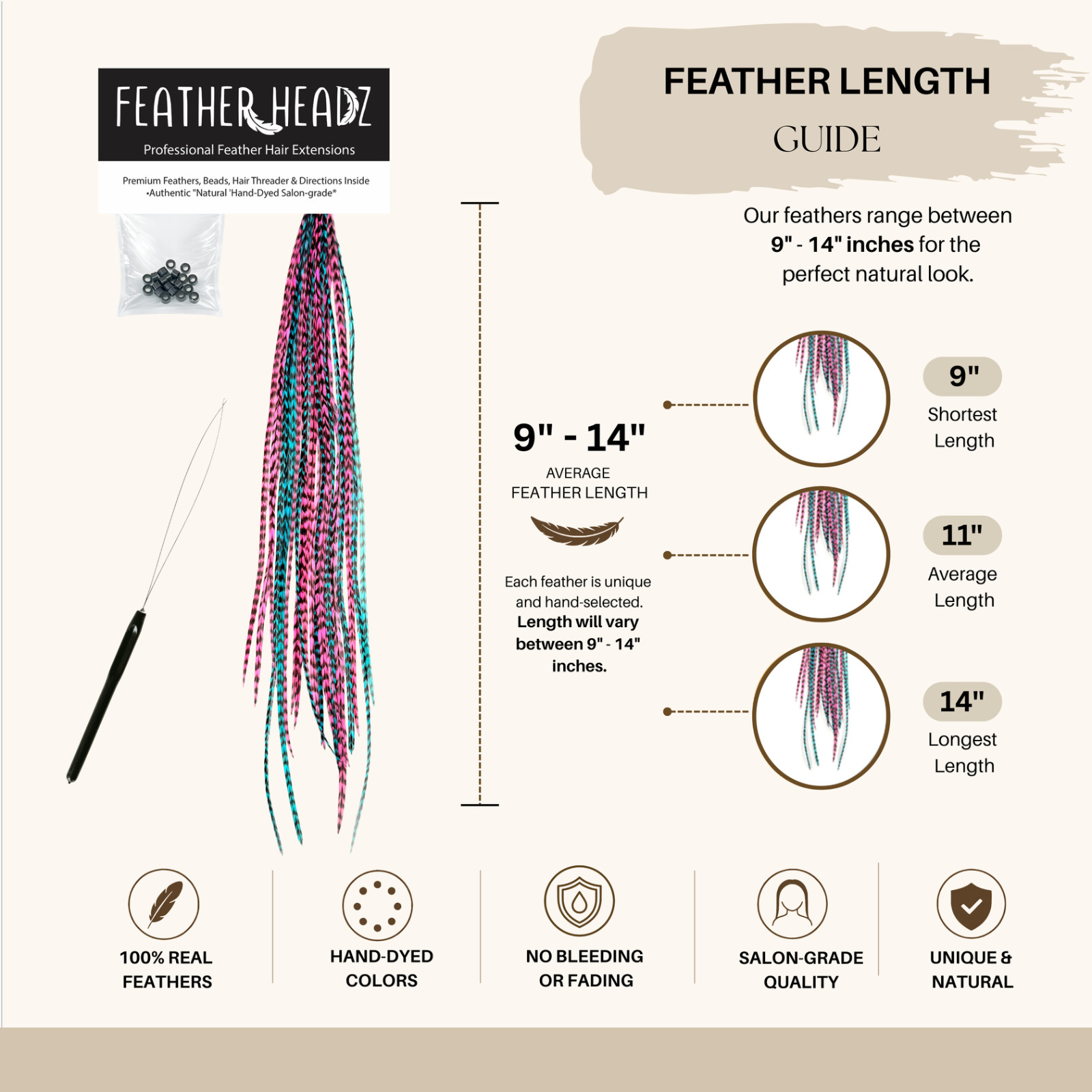 50 pcs. PINK&TURQUOISE Grizzly 9-14″ Feather Extension, Whiting Farms + DIY Kit