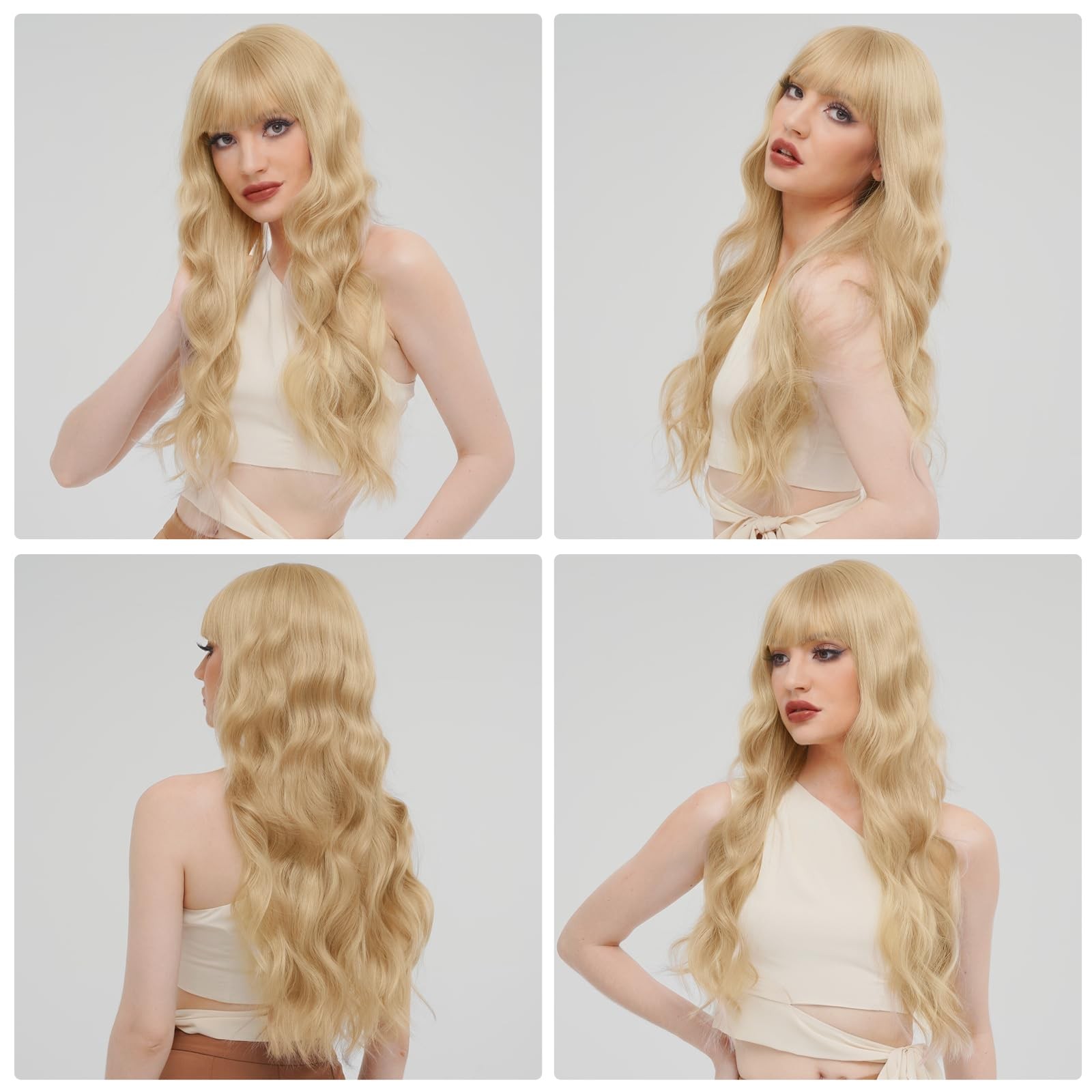 Long Wavy Blonde Wig With Bangs – 26 Inch Long Wavy Blonde Wig with Bangs for…