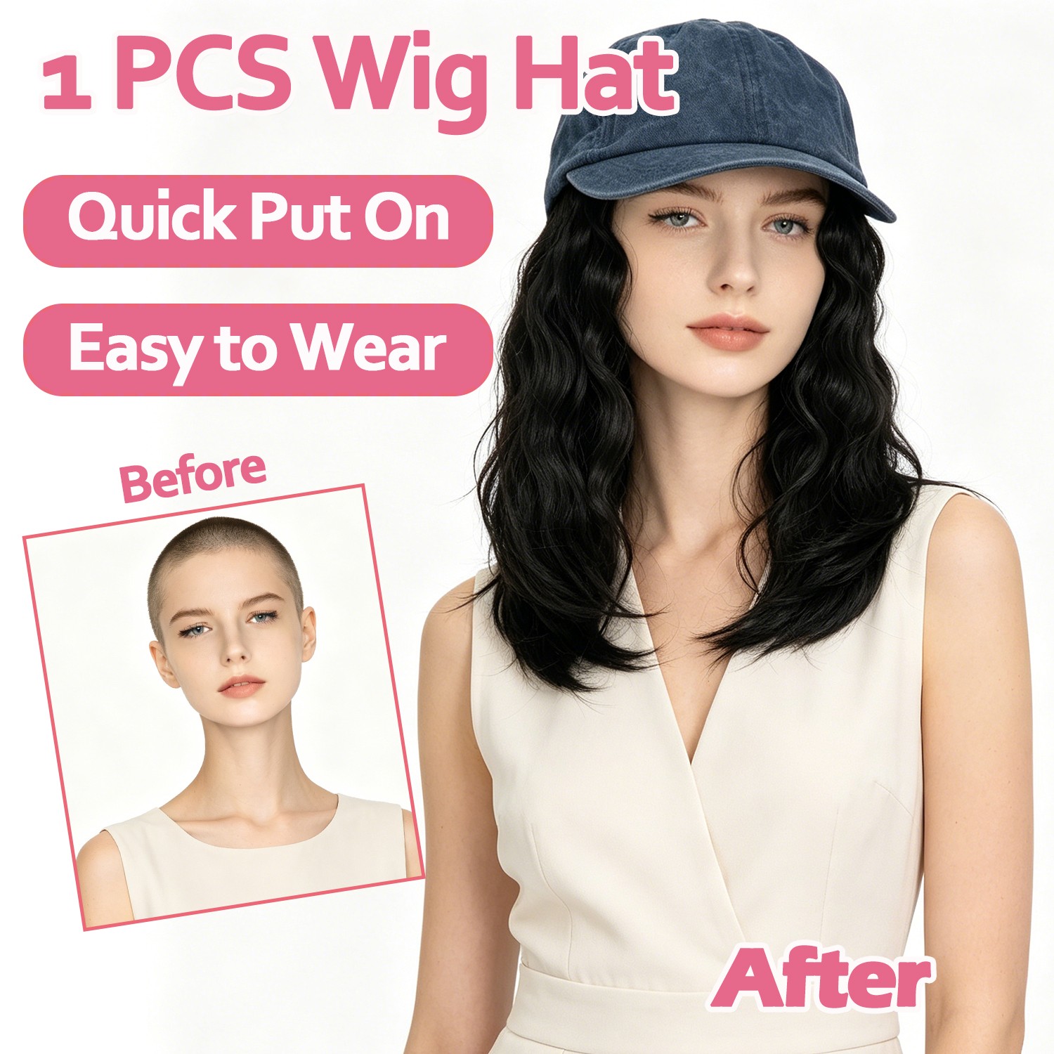 Instant Style 8″ Curly Wavy Cap Wig Adjustable Baseball Hat with Attached Hair M