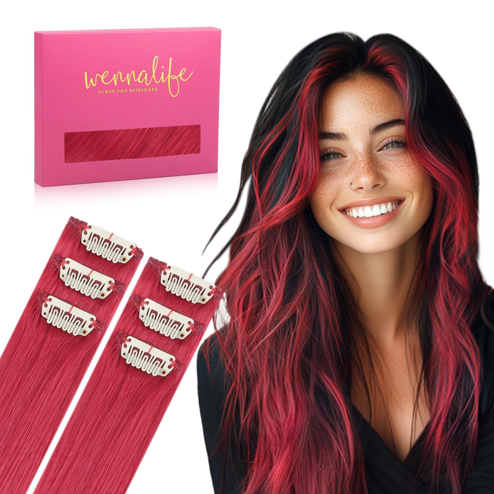 WENNALIFE Red Clip in Human Hair Extensions 14″ 35g 6pcs Colored Straight