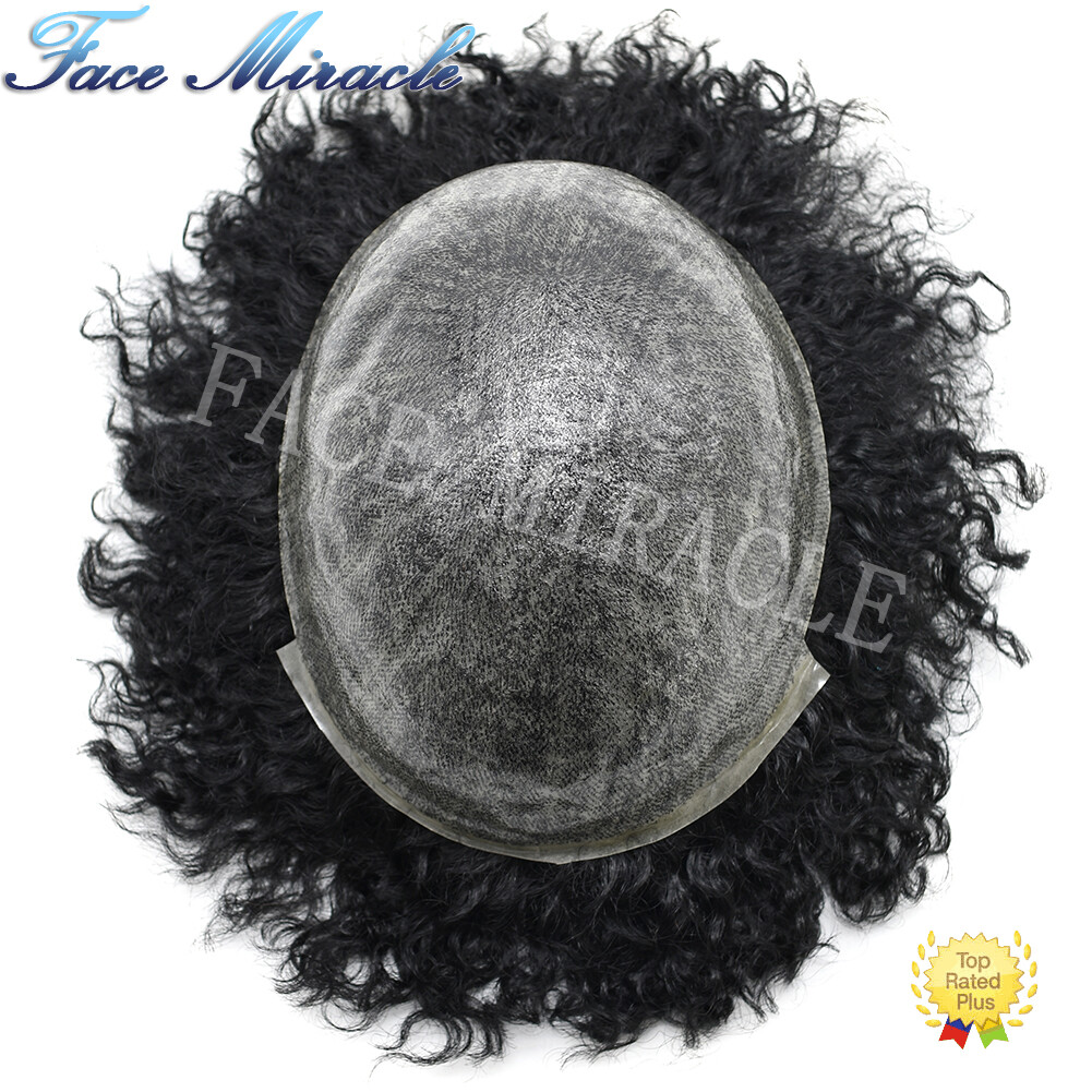 Afro Curl Toupee for Black Men Full PU Mens Toupee Human Hair System African Men
