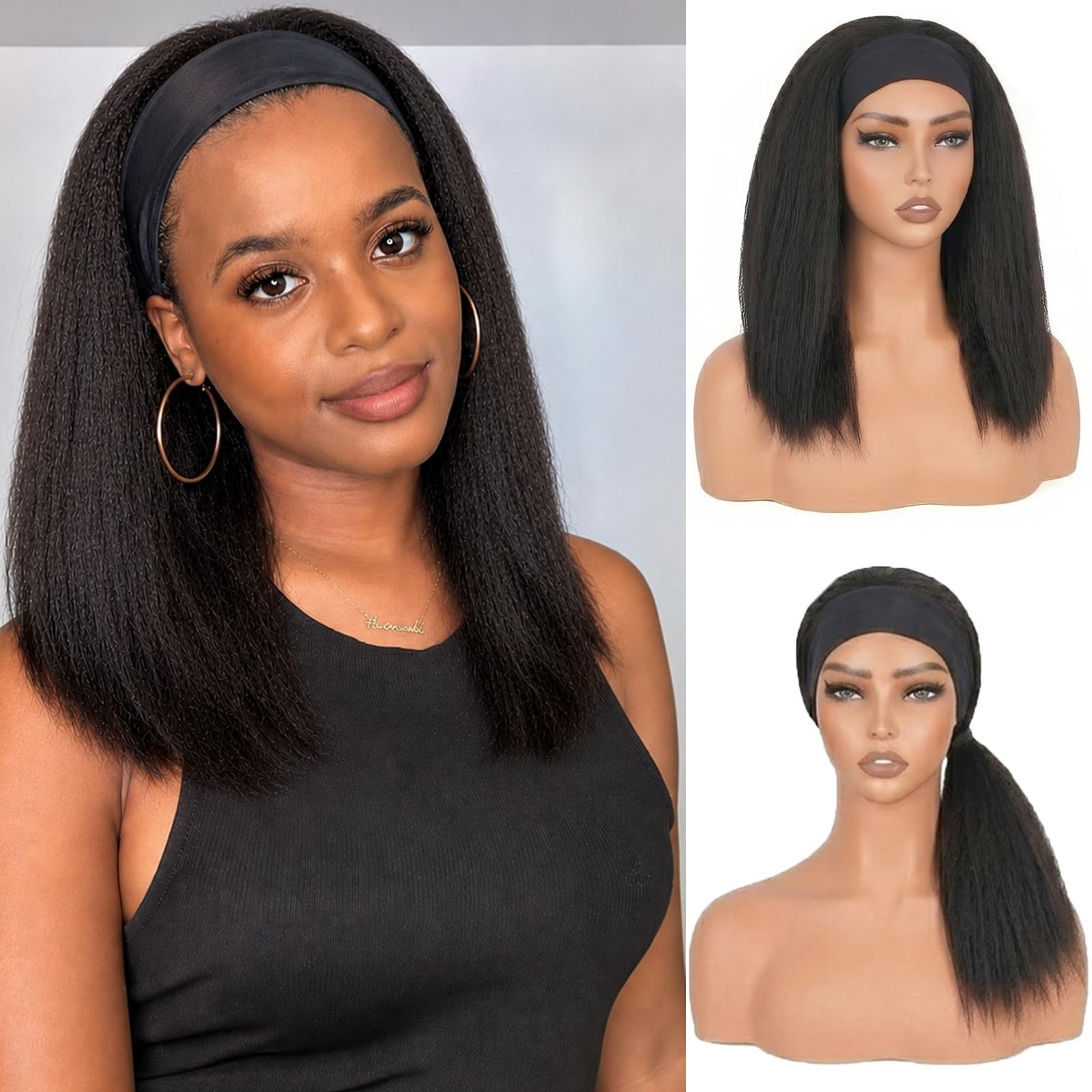Kinky Straight Headband Wigs for Black Women, Yaki Straight Half Wigs Soft Na…