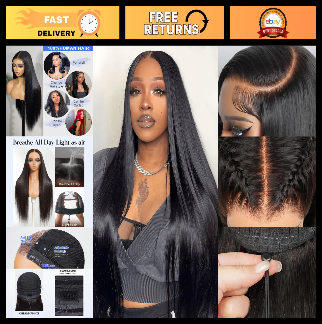 32″ Glueless Human Hair Wig – 200 Density, 5×5 HD Lace Closure, Straight, Pre-Pl