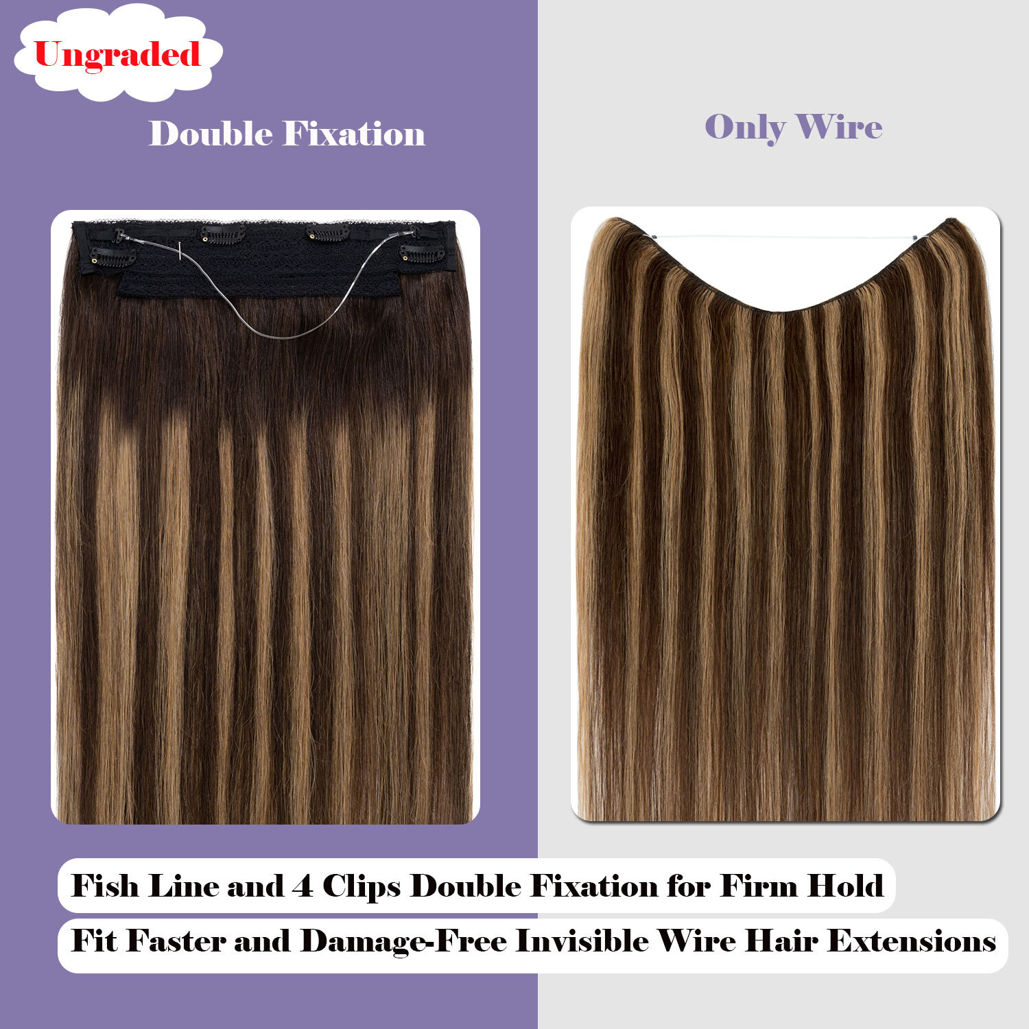 Invisible Wire in Hair Extensions 100% Remy Human Hair & Clips Headband Balayage