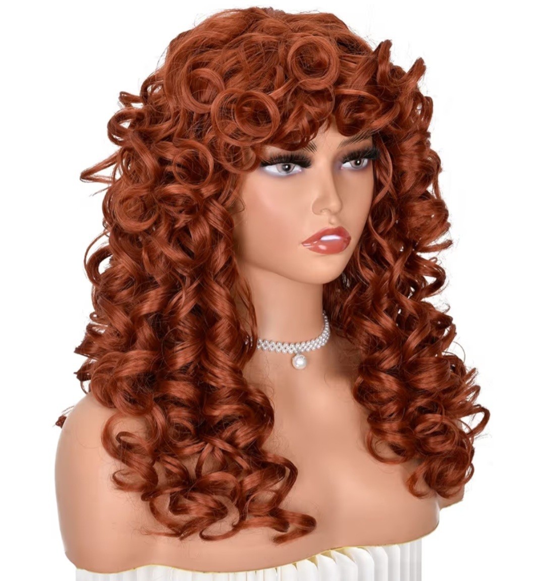 Copper Red Curly Heat-Resistant Synthetic Wig 17 in Free-Part Women’s