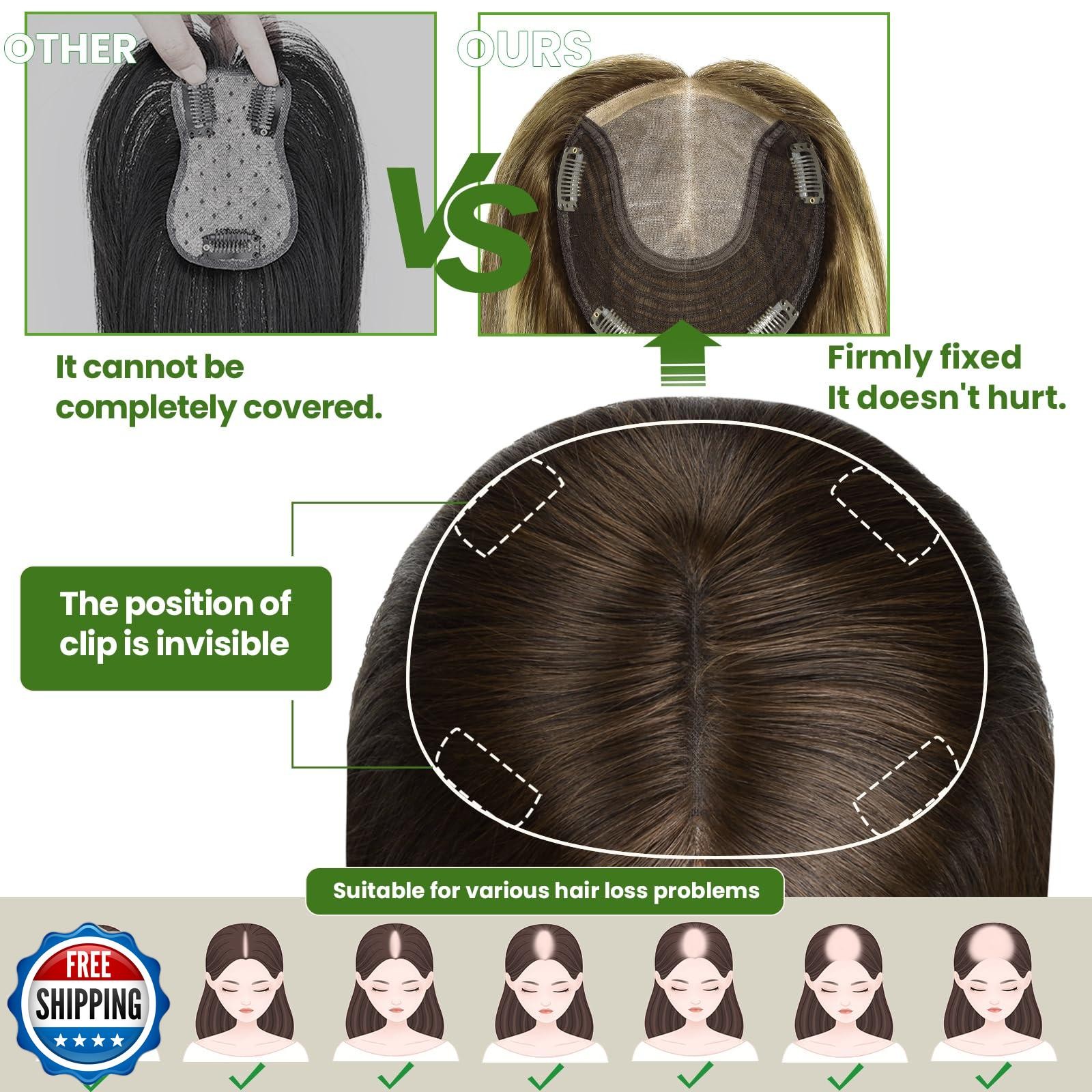 kolala HAIR Toppers for Women Real Human Hair Clip in Silk Base 150 Density 6