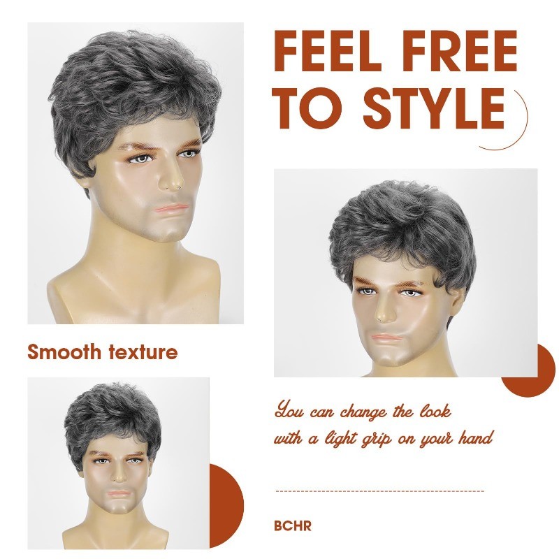 Men Black Grey Wig Gray Layered Short Beanie Hairpiece Universal Cosplay Wigs AU