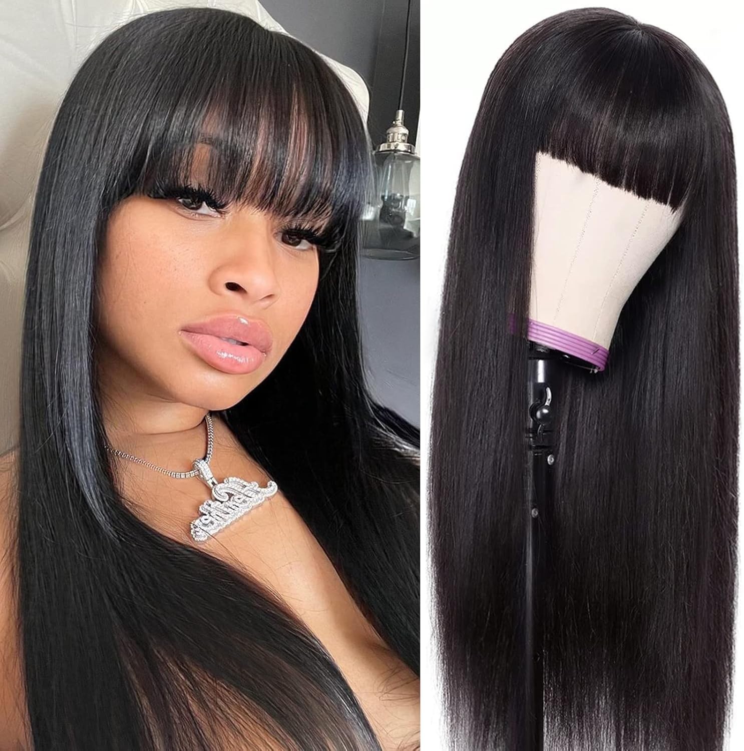 Human Hair Wig with Bangs Straight Wigs for Black Women None Lace Front Wig