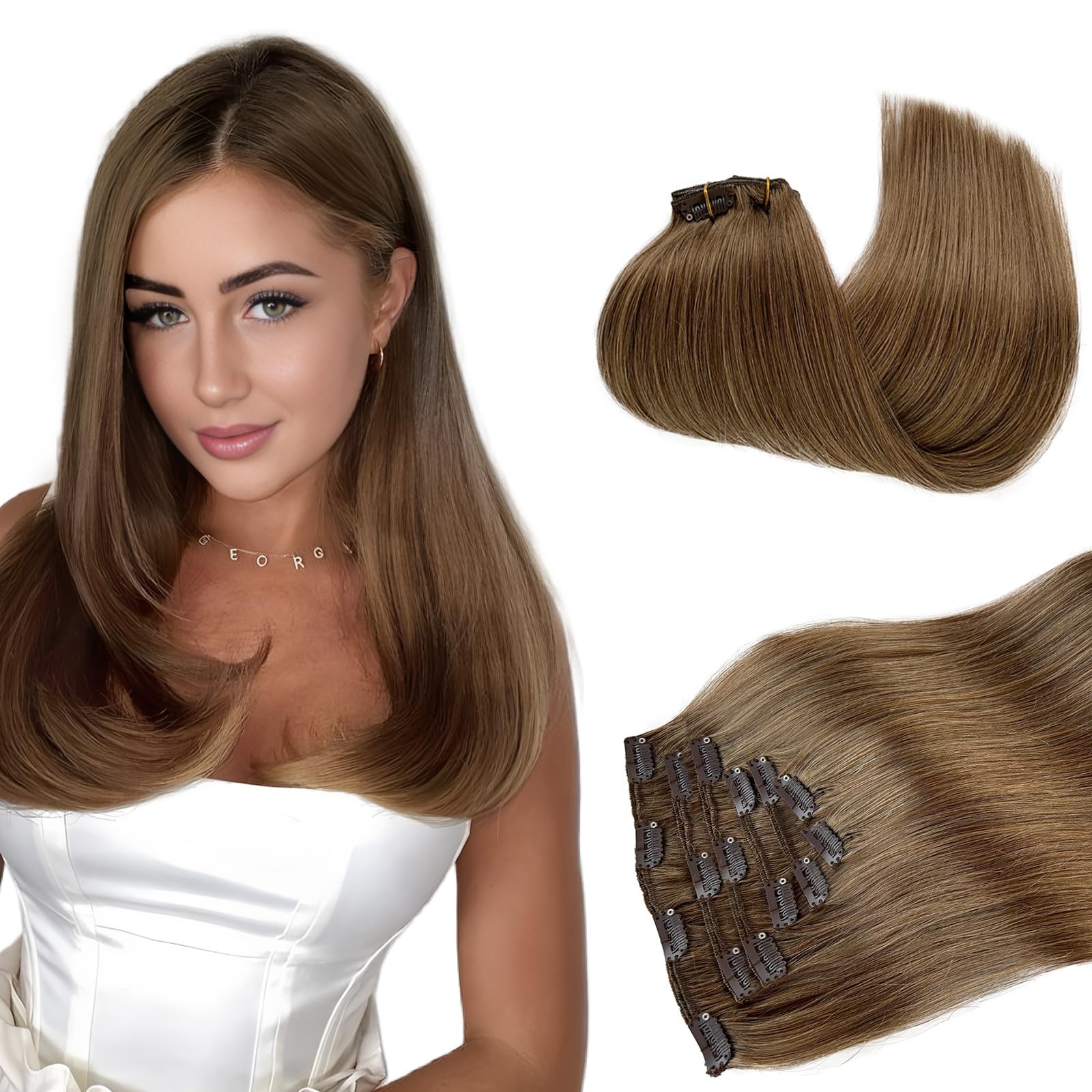 Licoville Ash Brown Hair Extensions Real Human Hair Clip On 15 Inch Thick